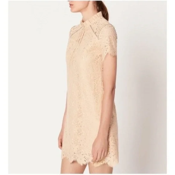 Sandro Peach High Neck Lace Rhinestones Cocktail Mini Dress size 40/ US4 - Picture 4 of 16
